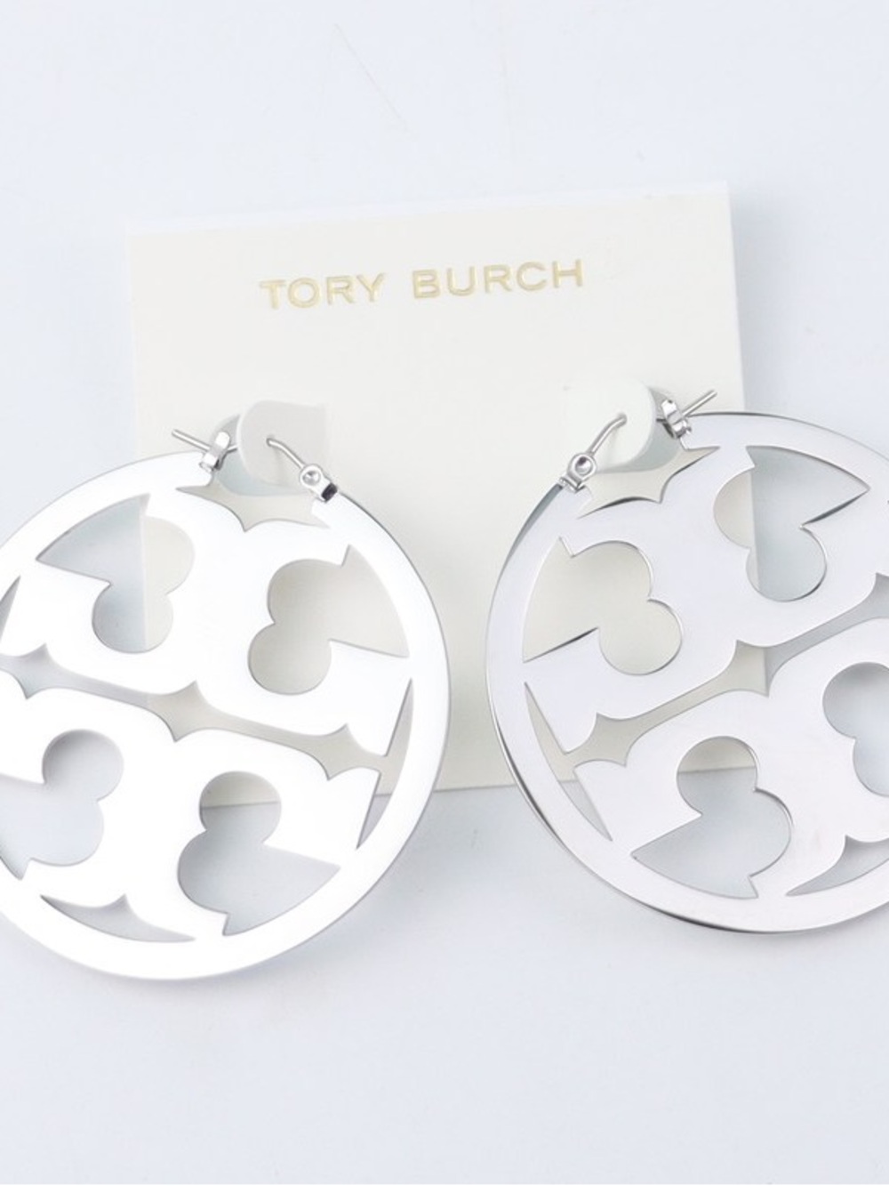 Tory Burch Silver Logo Cutout Hoop Earrings